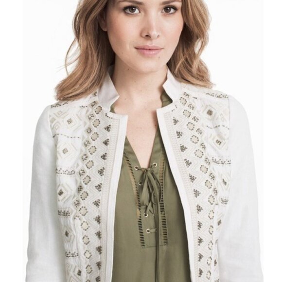 WHBM | Open Front Embroidered Cotton Linen “Matador”  White Jacket | Size Large - Picture 1 of 16